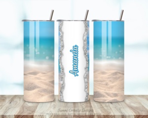 All sides of tumbler showing sandy beach and calm water scene


